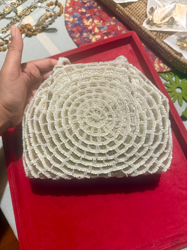 Handmade Ivory Web Frame Beaded Hand Purse | Vintage Statement Evening Clutch | Artisan Embroidered Bag