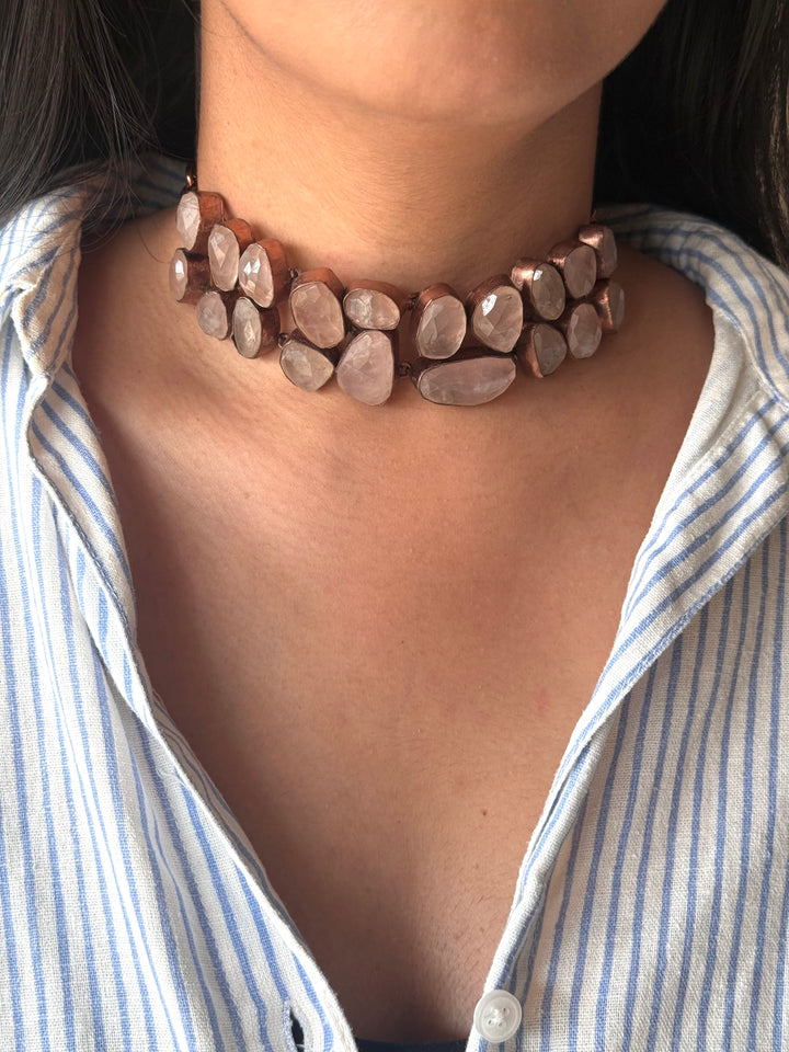 Handmade Rose Quartz Statement Choker | Copper Polish Brass Adjustable Toggle Necklace