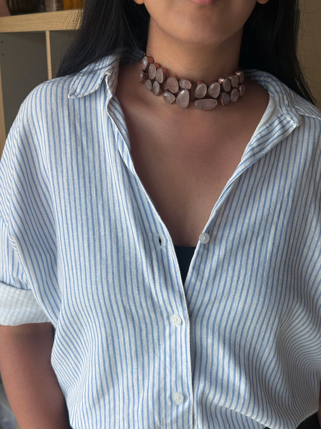 Handmade Rose Quartz Statement Choker | Copper Polish Brass Adjustable Toggle Necklace