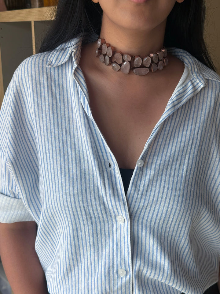 Handmade Rose Quartz Statement Choker | Copper Polish Brass Adjustable Toggle Necklace