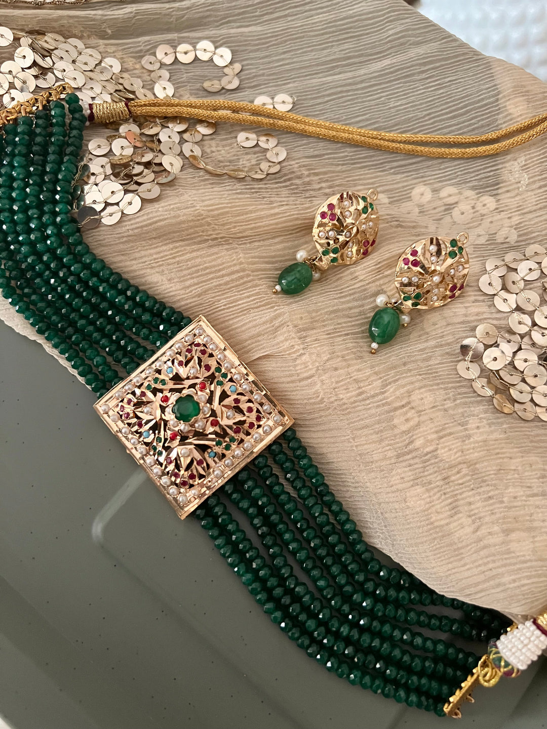 Statement Jadau Choker Necklace Set | 18k Gold Plated | Copper & Semi-Precious Stones