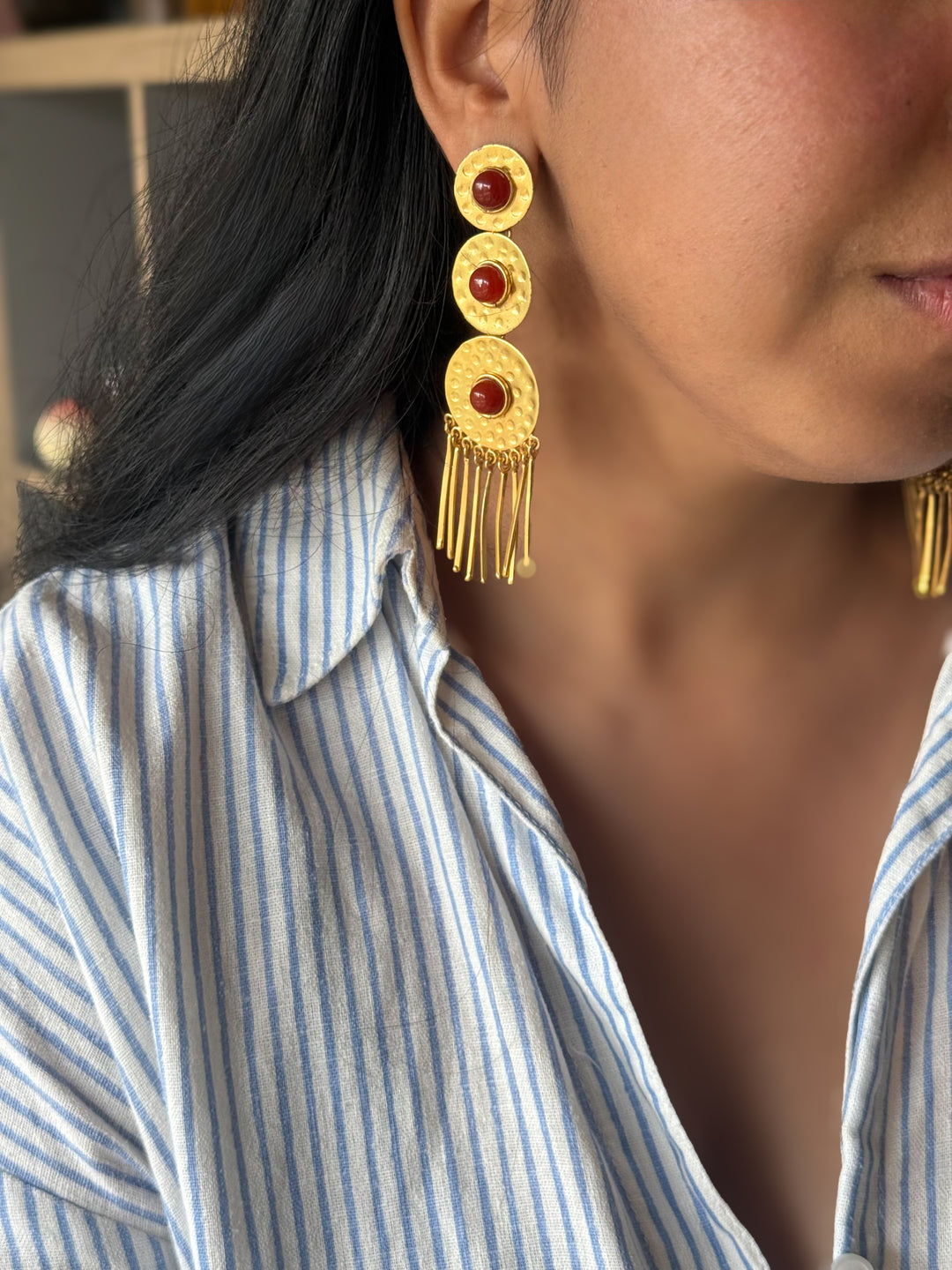 Handmade Brass Red Onyx Statement Earrings | SHIVKA | 9.5x3 cm | 28g Pair | Push Back | Gift Jewelry