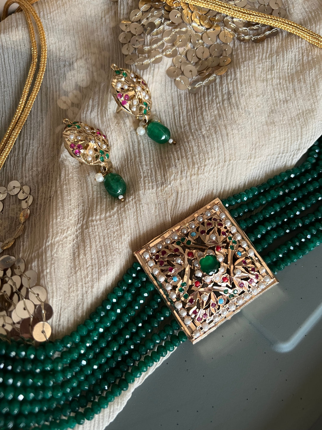 Statement Jadau Choker Necklace Set | 18k Gold Plated | Copper & Semi-Precious Stones