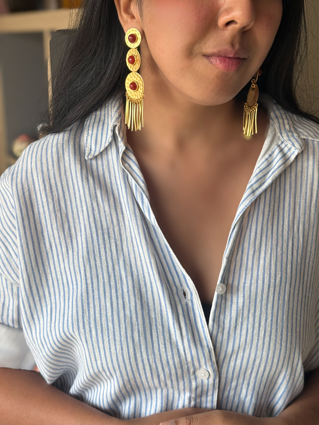 Handmade Brass Red Onyx Statement Earrings | SHIVKA | 9.5x3 cm | 28g Pair | Push Back | Gift Jewelry