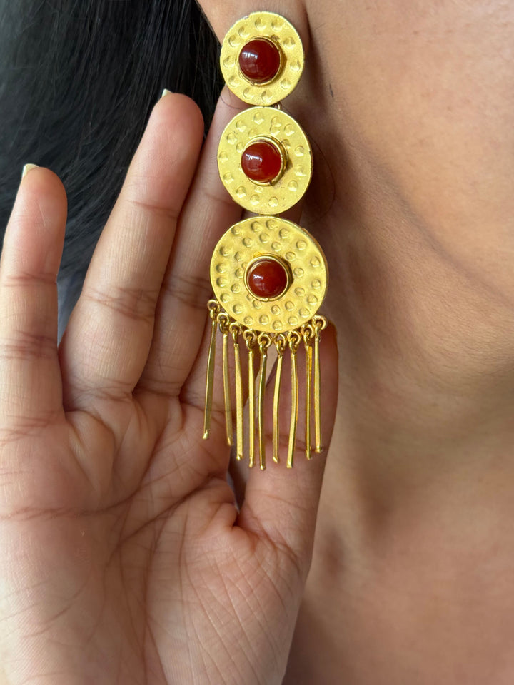 Handmade Brass Red Onyx Statement Earrings | SHIVKA | 9.5x3 cm | 28g Pair | Push Back | Gift Jewelry