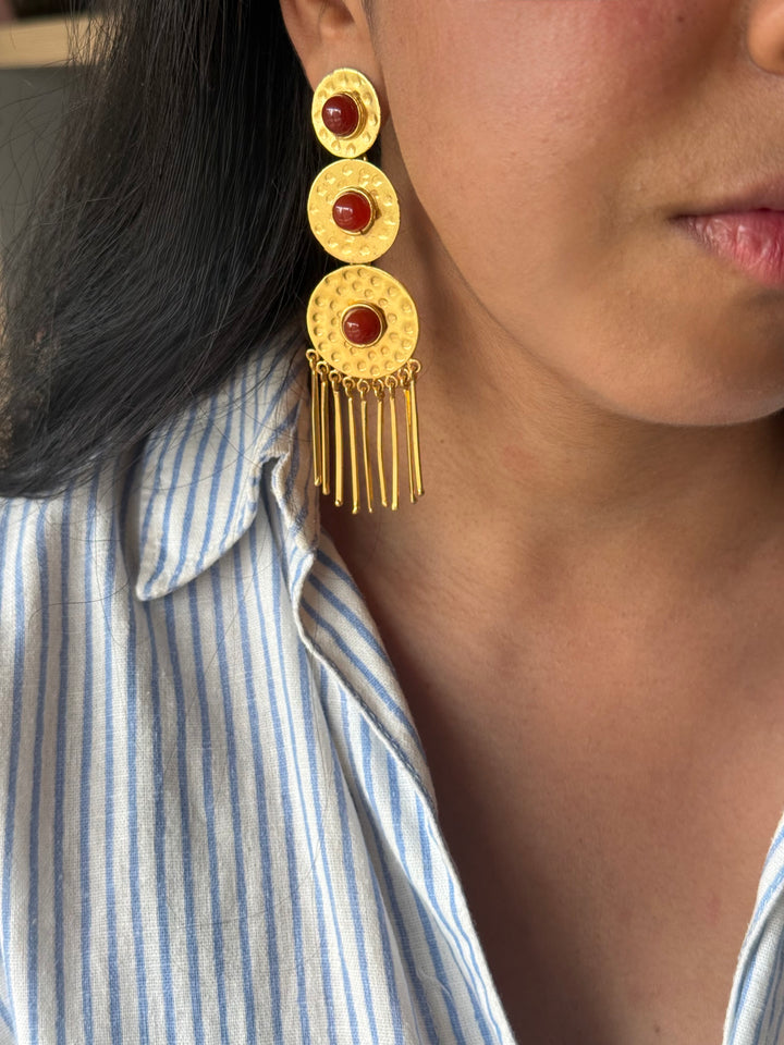Handmade Brass Red Onyx Statement Earrings | SHIVKA | 9.5x3 cm | 28g Pair | Push Back | Gift Jewelry