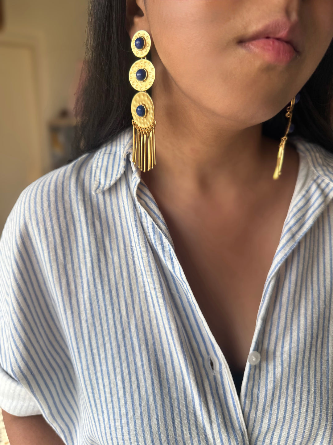 Handmade Brass Blue Statement Earrings | SHIVKA | 9.5x3 cm | 28g Pair | Push Back | Gift Jewelry