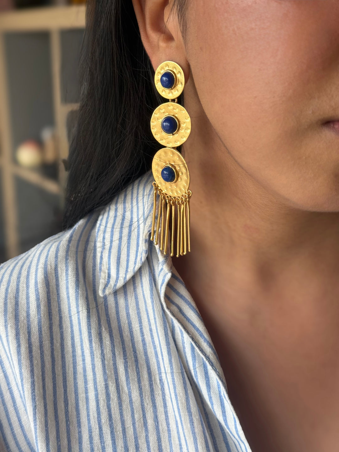 Handmade Brass Blue Statement Earrings | SHIVKA | 9.5x3 cm | 28g Pair | Push Back | Gift Jewelry