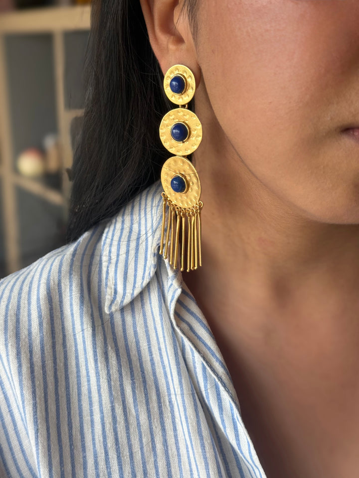 Handmade Brass Blue Statement Earrings | SHIVKA | 9.5x3 cm | 28g Pair | Push Back | Gift Jewelry
