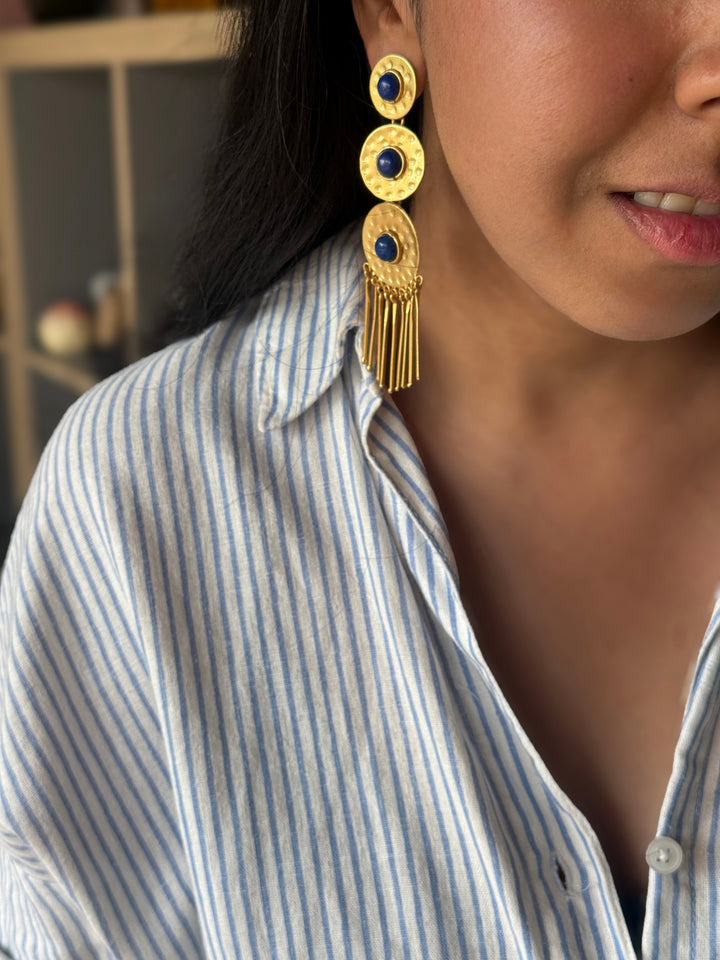 Handmade Brass Blue Statement Earrings | SHIVKA | 9.5x3 cm | 28g Pair | Push Back | Gift Jewelry