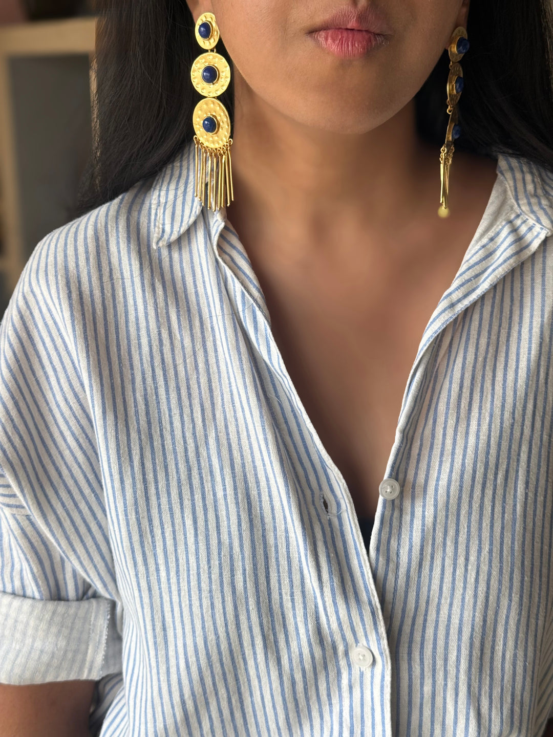 Handmade Brass Blue Statement Earrings | SHIVKA | 9.5x3 cm | 28g Pair | Push Back | Gift Jewelry