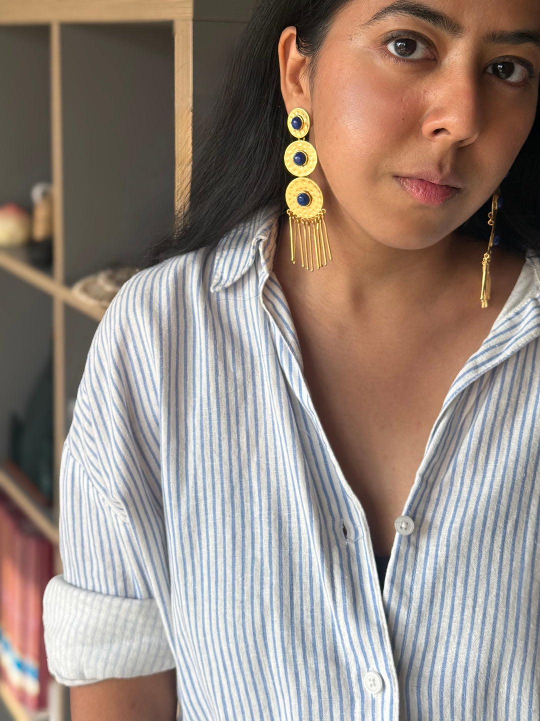 Handmade Brass Blue Statement Earrings | SHIVKA | 9.5x3 cm | 28g Pair | Push Back | Gift Jewelry