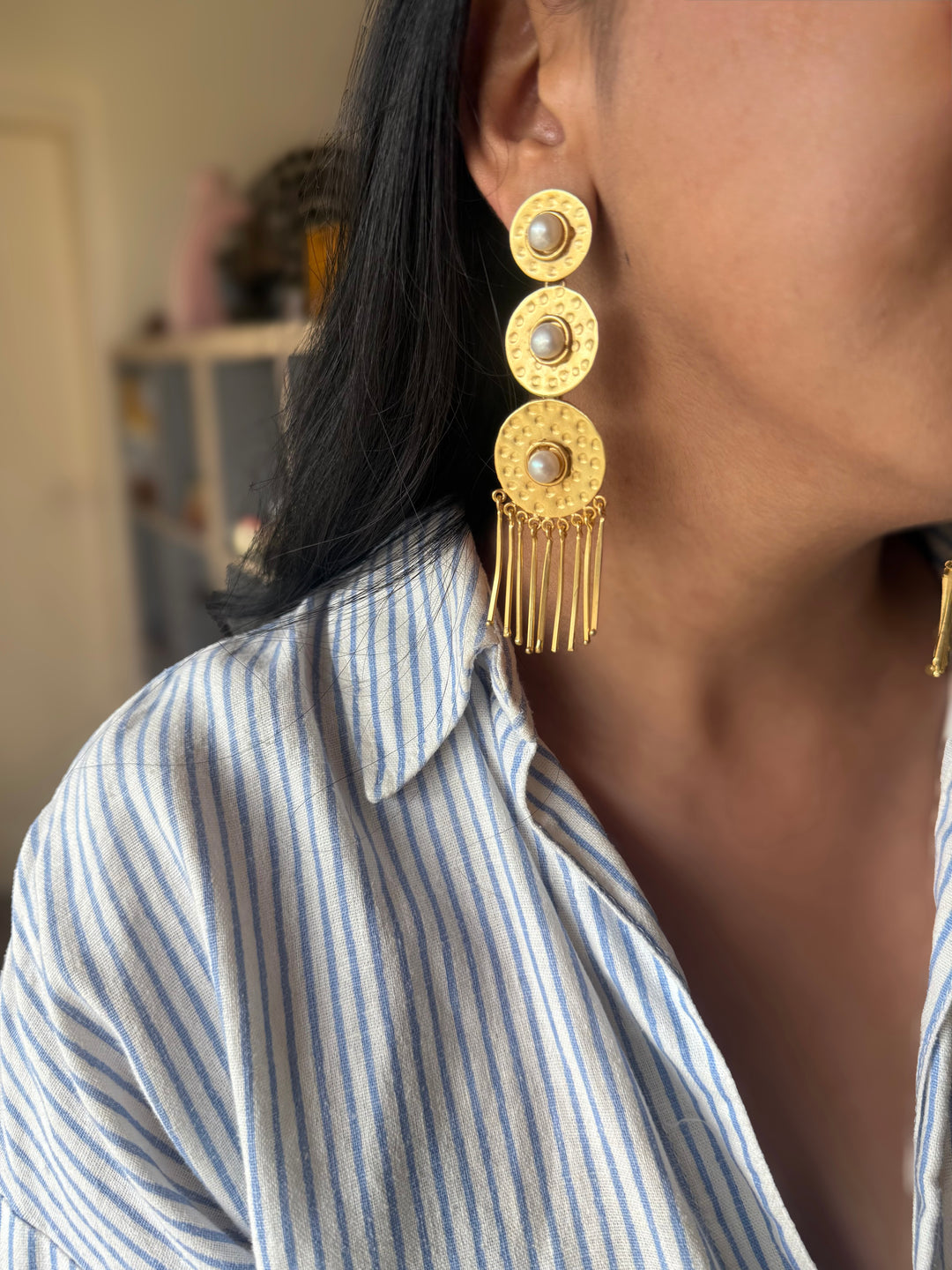 Handmade Brass Pearl Statement Earrings | SHIVKA | 9.5x3 cm | 28g Pair | Push Back | Gift Jewelry