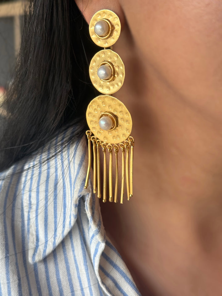 Handmade Brass Pearl Statement Earrings | SHIVKA | 9.5x3 cm | 28g Pair | Push Back | Gift Jewelry