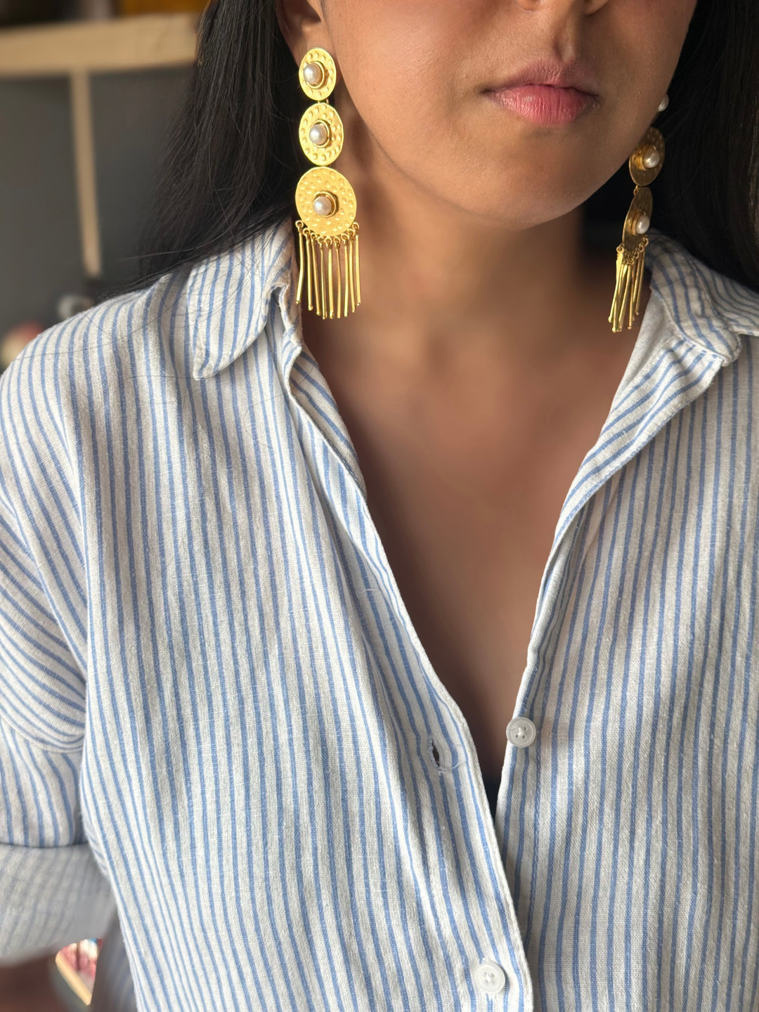 Handmade Brass Pearl Statement Earrings | SHIVKA | 9.5x3 cm | 28g Pair | Push Back | Gift Jewelry
