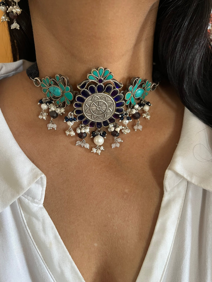 Pure 925 Silver Choker with Earrings