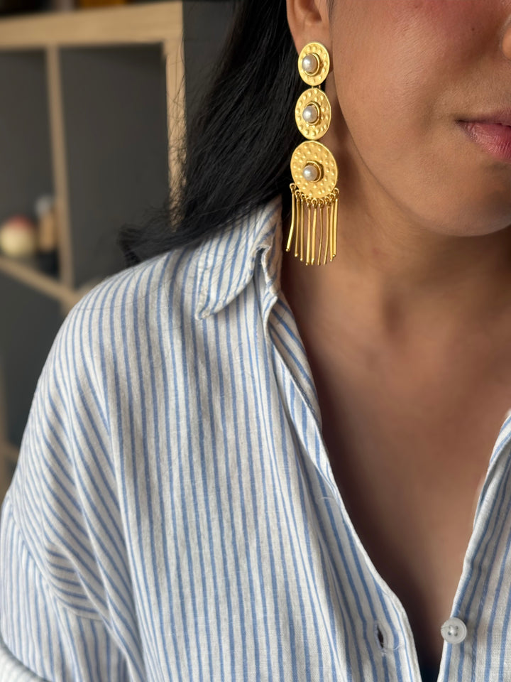 Handmade Brass Pearl Statement Earrings | SHIVKA | 9.5x3 cm | 28g Pair | Push Back | Gift Jewelry