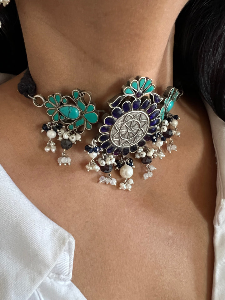 Pure 925 Silver Choker with Earrings