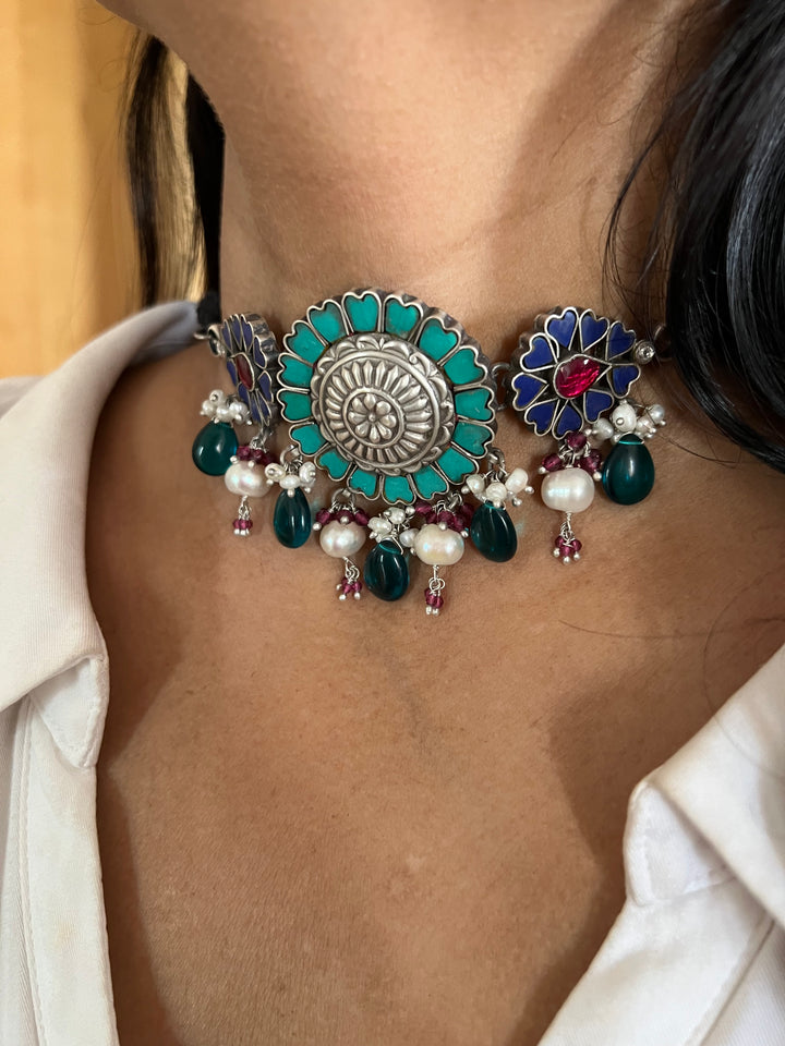 Pure 925 Silver Choker with Earrings