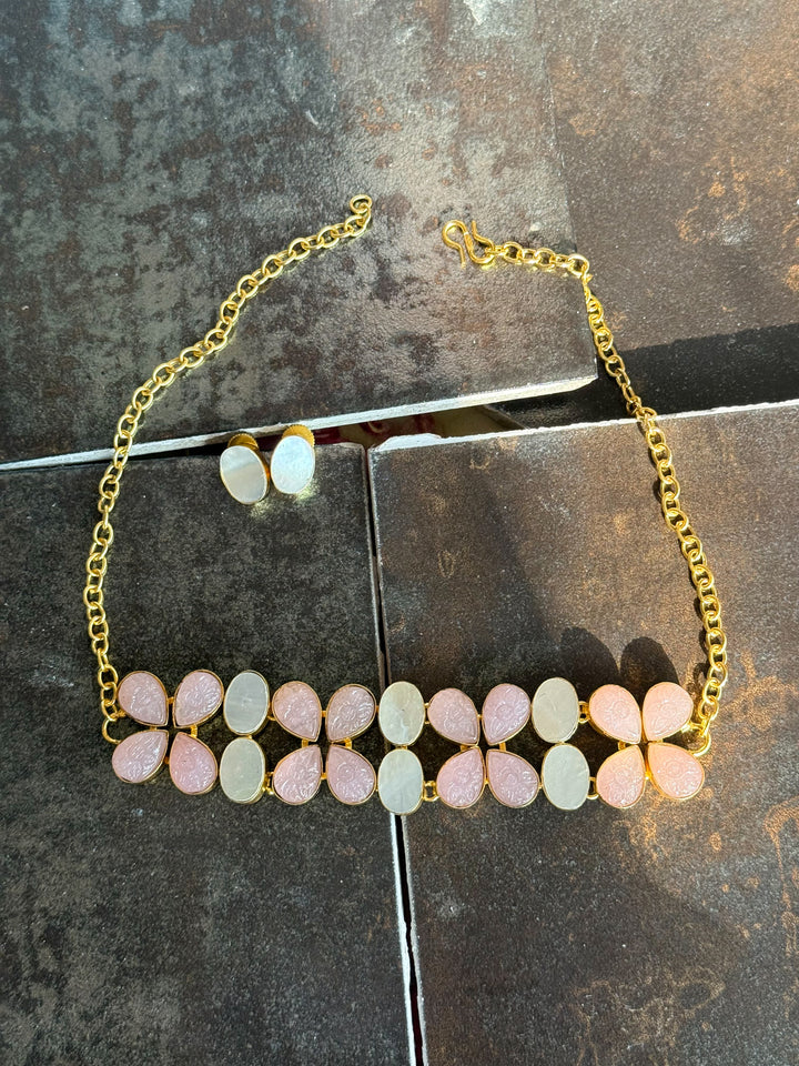 Pearl and Rose Quartz Choker Set – Gold Brass, Adjustable Necklace