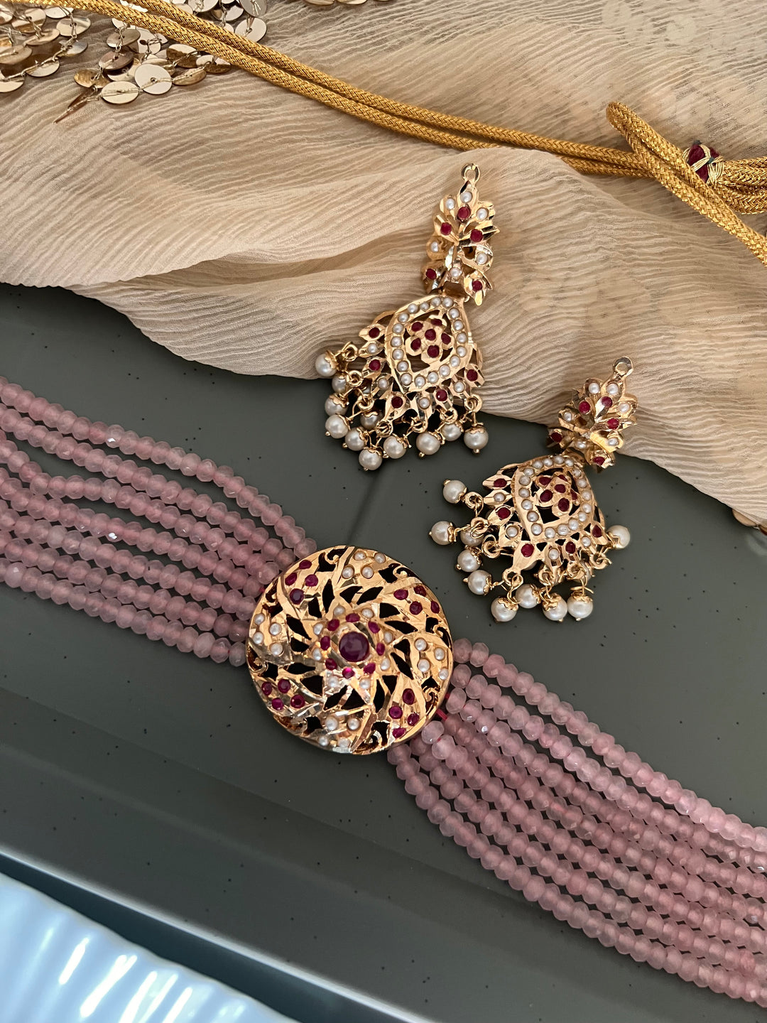 Statement Jadau Choker Necklace Set | 18k Gold Plated | Copper & Semi-Precious Stones