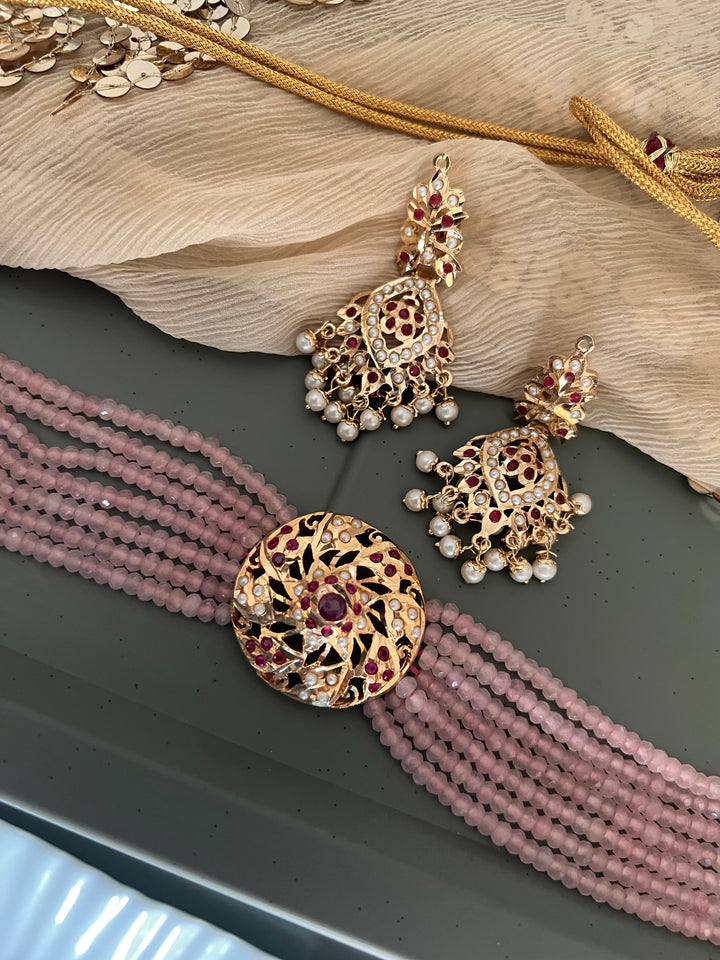 Statement Jadau Choker Necklace Set | 18k Gold Plated | Copper & Semi-Precious Stones