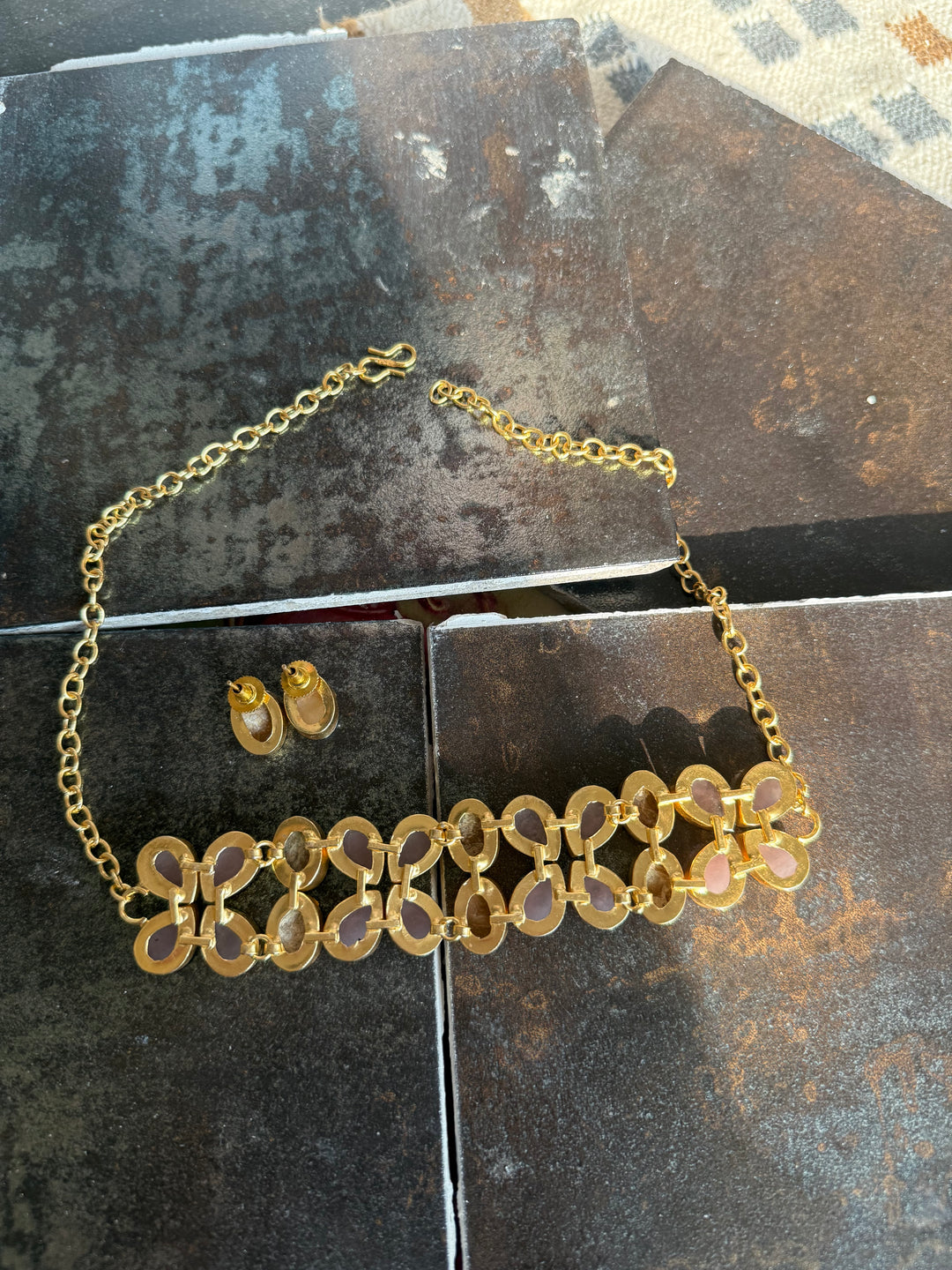 Pearl and Rose Quartz Choker Set – Gold Brass, Adjustable Necklace
