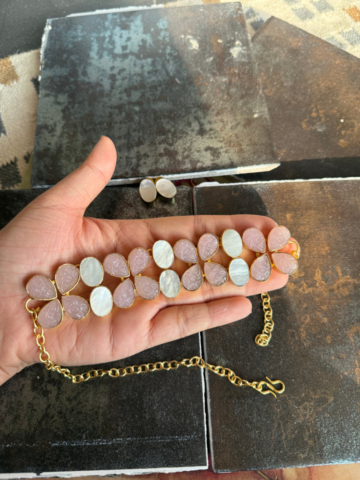 Pearl and Rose Quartz Choker Set – Gold Brass, Adjustable Necklace