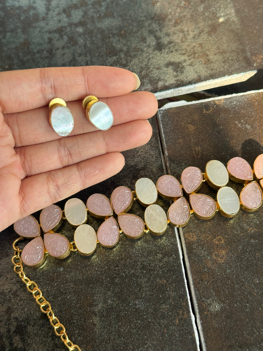 Pearl and Rose Quartz Choker Set – Gold Brass, Adjustable Necklace
