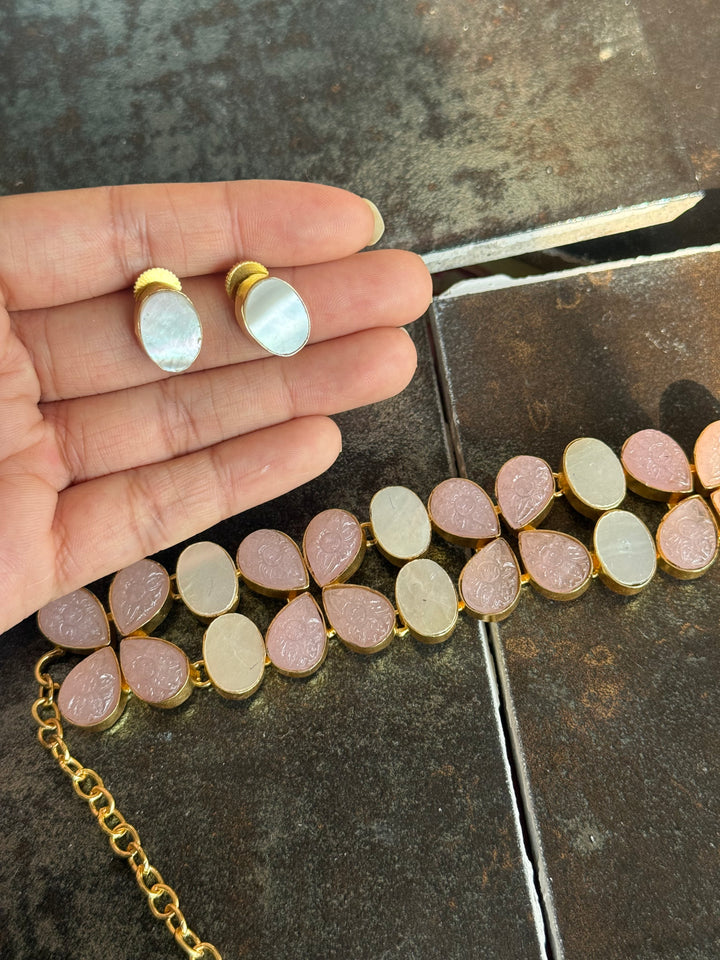 Pearl and Rose Quartz Choker Set – Gold Brass, Adjustable Necklace