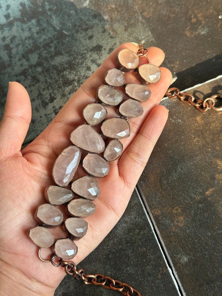Handmade Rose Quartz Statement Choker | Copper Polish Brass Adjustable Toggle Necklace