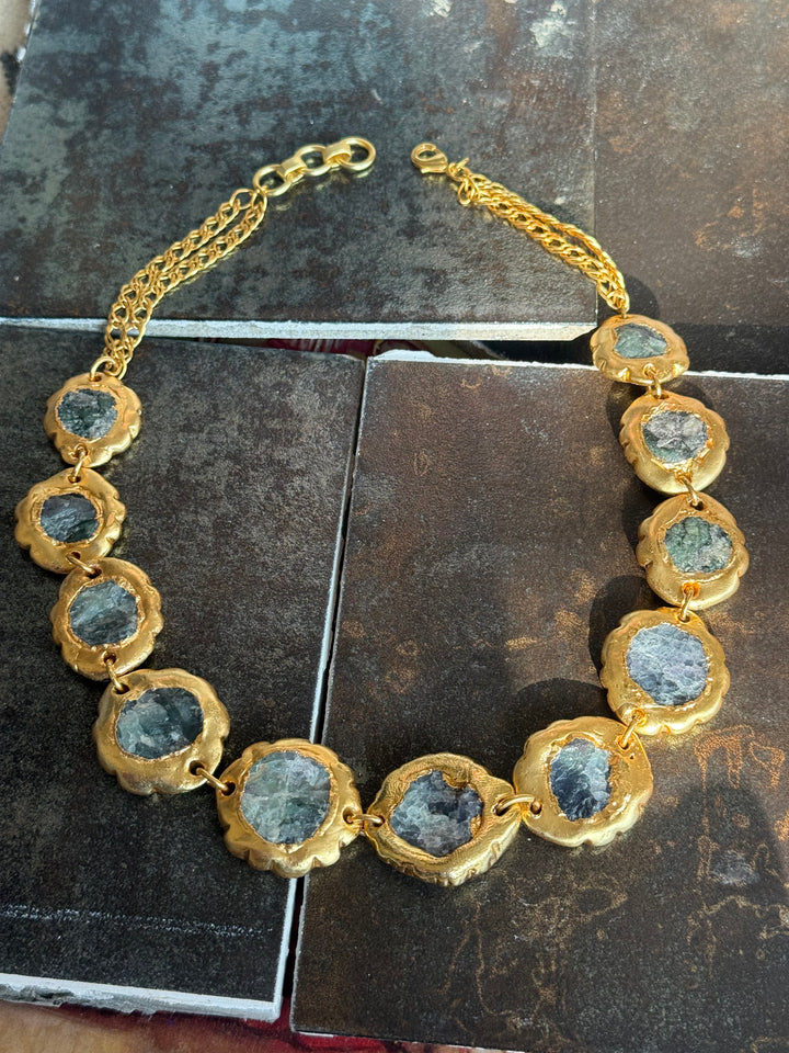 Handmade Natural Stones Gold Embedded Necklace | Adjustable Lobster Claw Brass Statement Jewelry