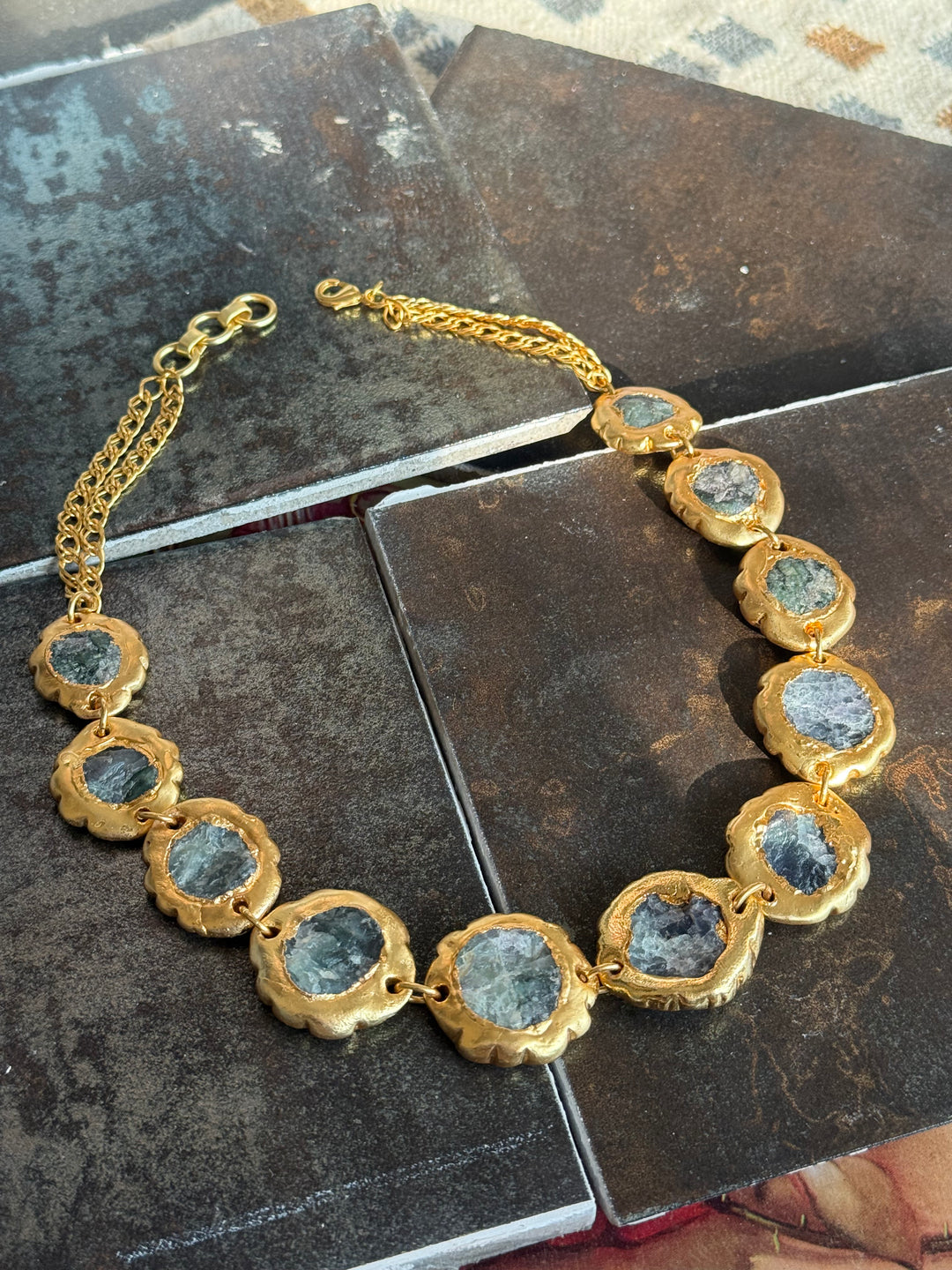 Handmade Natural Stones Gold Embedded Necklace | Adjustable Lobster Claw Brass Statement Jewelry