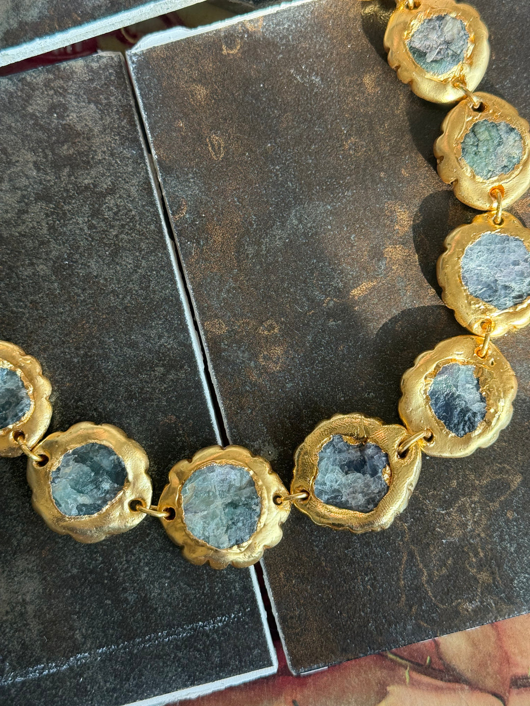 Handmade Natural Stones Gold Embedded Necklace | Adjustable Lobster Claw Brass Statement Jewelry