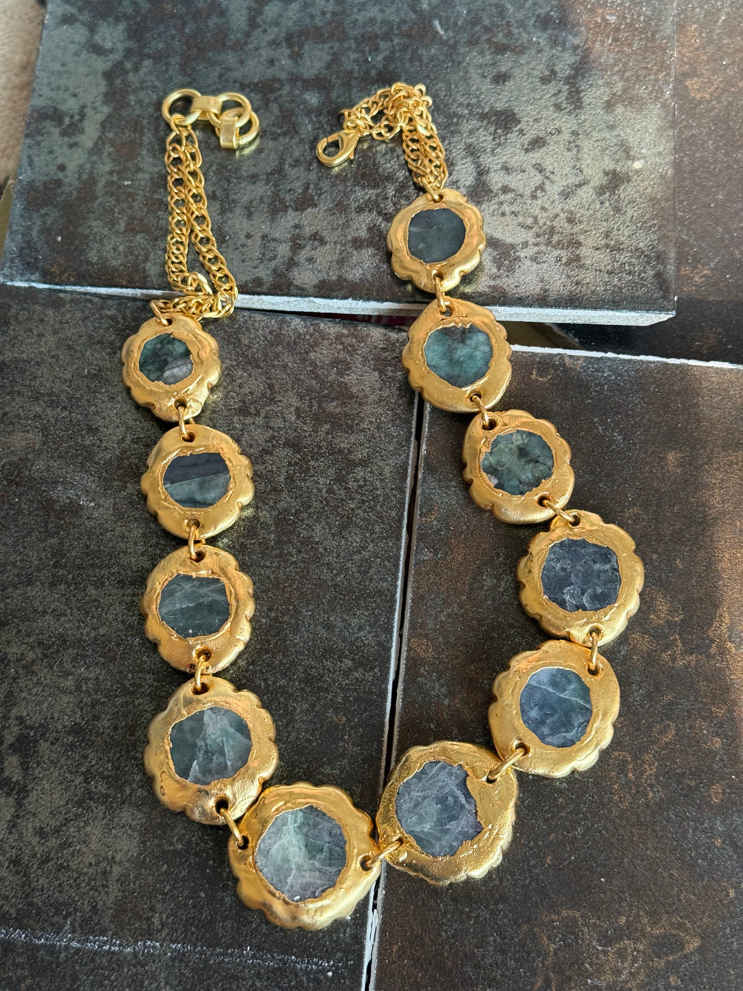 Handmade Natural Stones Gold Embedded Necklace | Adjustable Lobster Claw Brass Statement Jewelry