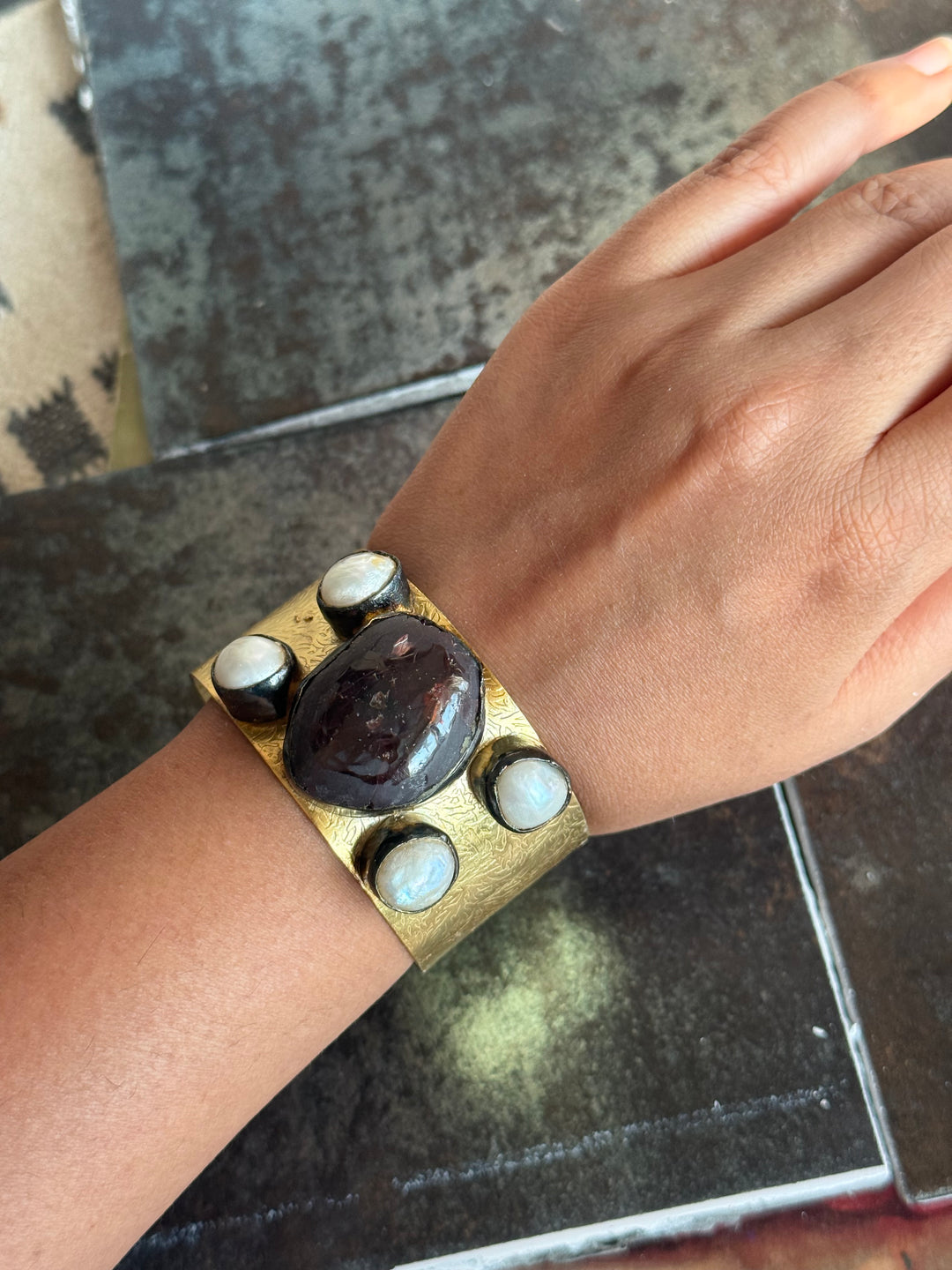 SHIVKA Designer Stone Brass Cuff | Adjustable Open Bracelet | Statement Festive Wear | 88g