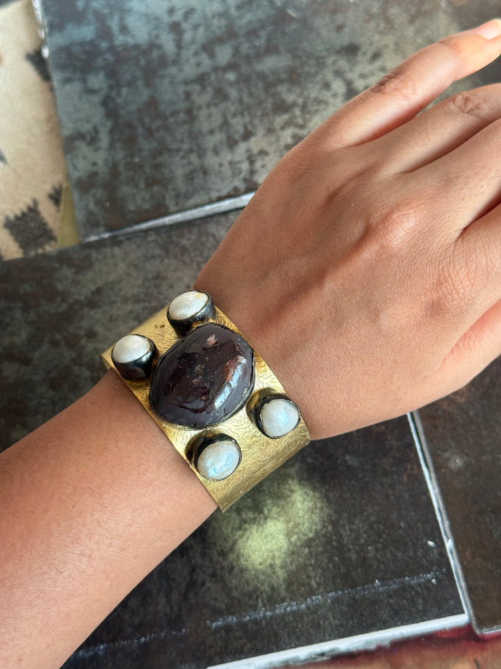 SHIVKA Designer Stone Brass Cuff | Adjustable Open Bracelet | Statement Festive Wear | 88g