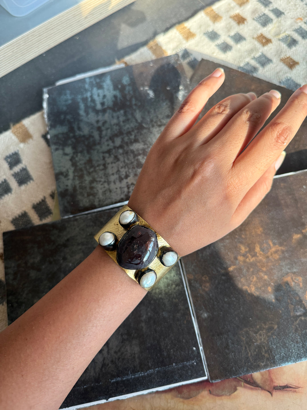 SHIVKA Designer Stone Brass Cuff | Adjustable Open Bracelet | Statement Festive Wear | 88g