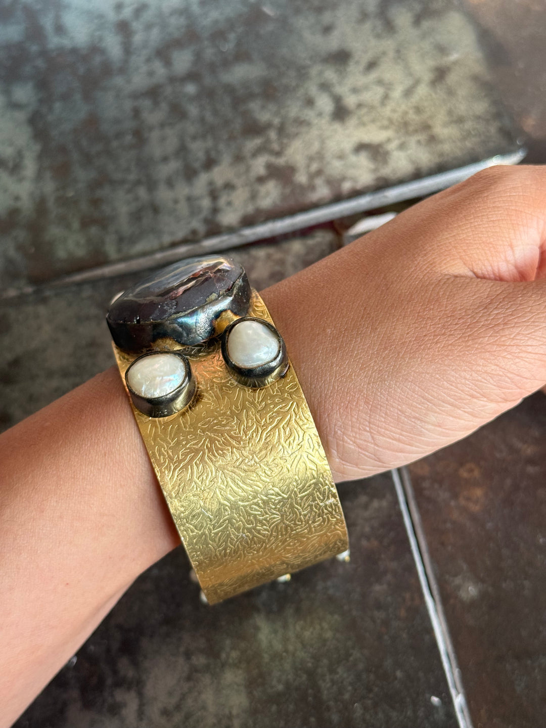 SHIVKA Designer Stone Brass Cuff | Adjustable Open Bracelet | Statement Festive Wear | 88g