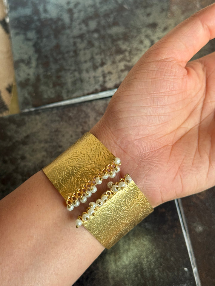 SHIVKA Designer Stone Brass Cuff | Adjustable Open Bracelet | Statement Festive Wear | 88g