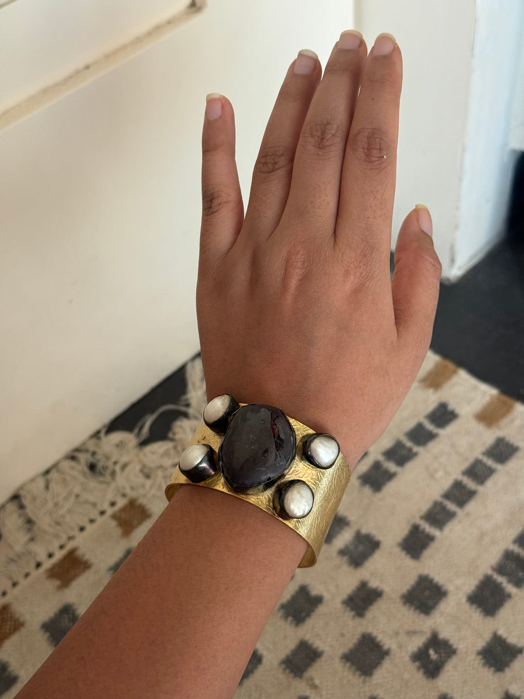 SHIVKA Designer Stone Brass Cuff | Adjustable Open Bracelet | Statement Festive Wear | 88g