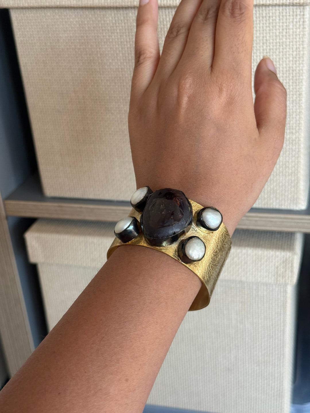 SHIVKA Designer Stone Brass Cuff | Adjustable Open Bracelet | Statement Festive Wear | 88g