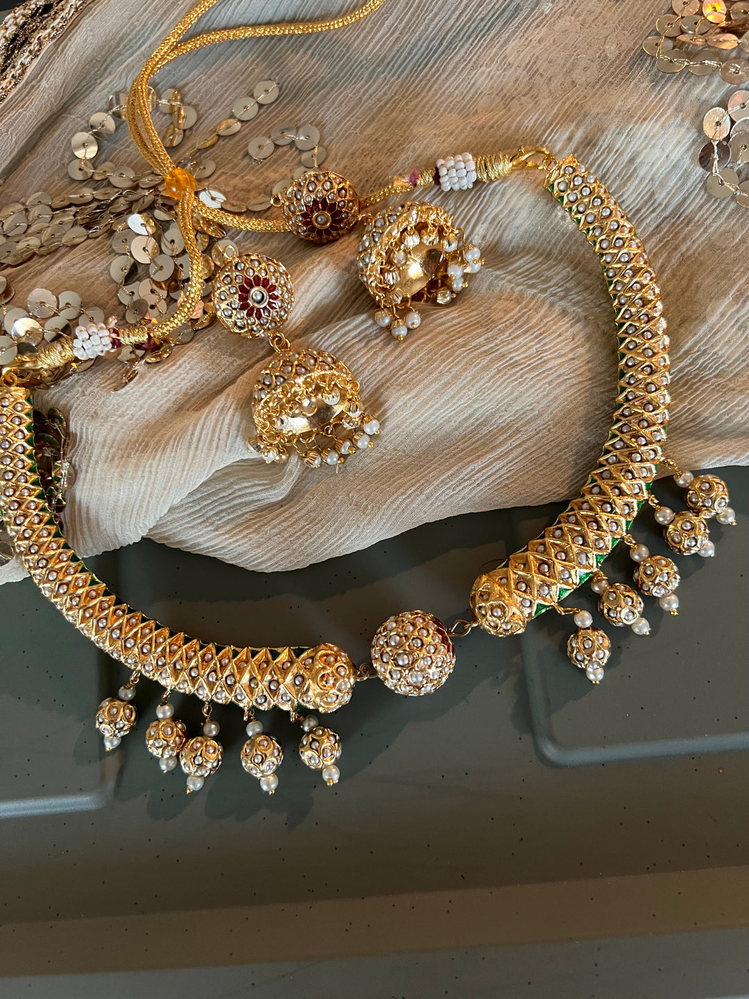 Statement Jadau Hasli Necklace Set | 18k Gold Plated | Copper & Semi-Precious Stones