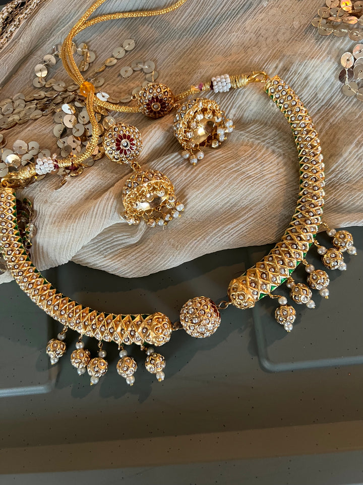 Statement Jadau Hasli Necklace Set | 18k Gold Plated | Copper & Semi-Precious Stones