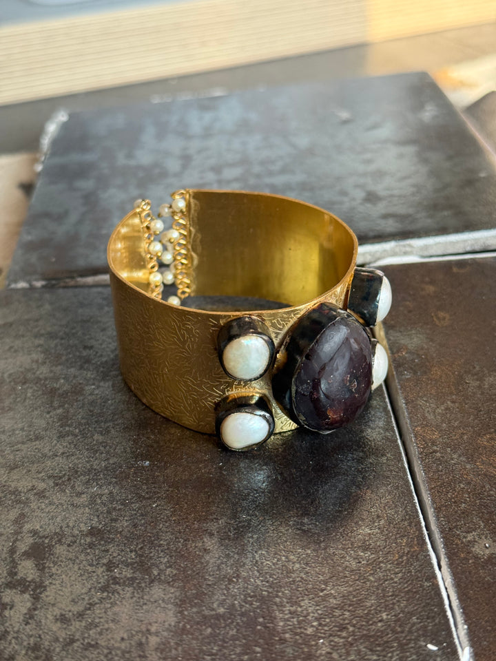 SHIVKA Designer Stone Brass Cuff | Adjustable Open Bracelet | Statement Festive Wear | 88g