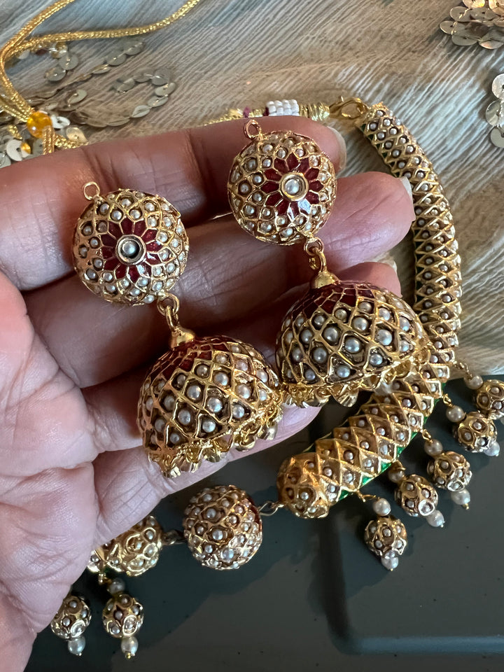 Statement Jadau Hasli Necklace Set | 18k Gold Plated | Copper & Semi-Precious Stones