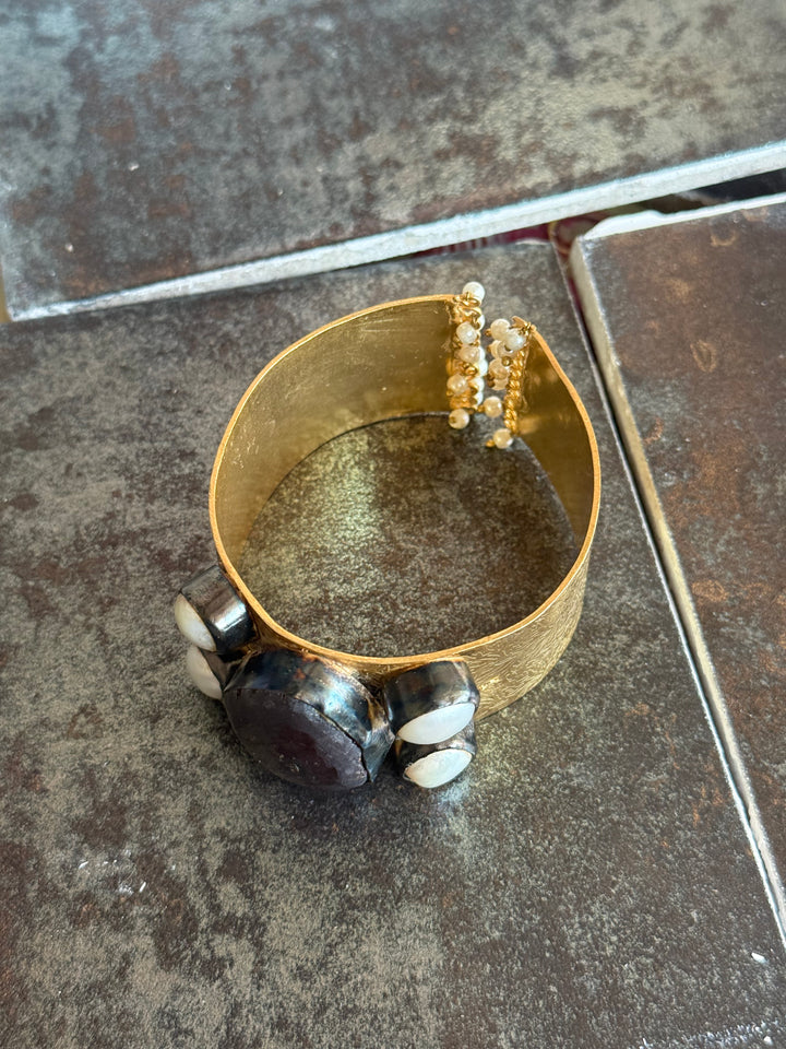 SHIVKA Designer Stone Brass Cuff | Adjustable Open Bracelet | Statement Festive Wear | 88g
