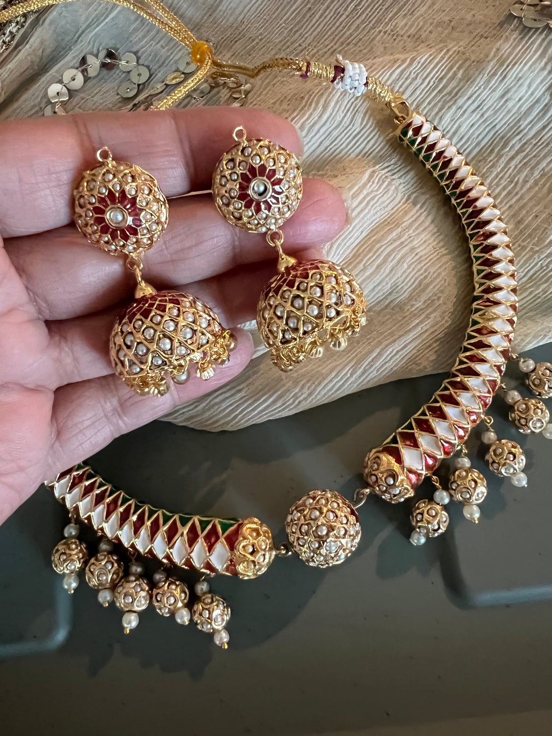 Statement Jadau Hasli Necklace Set | 18k Gold Plated | Copper & Semi-Precious Stones