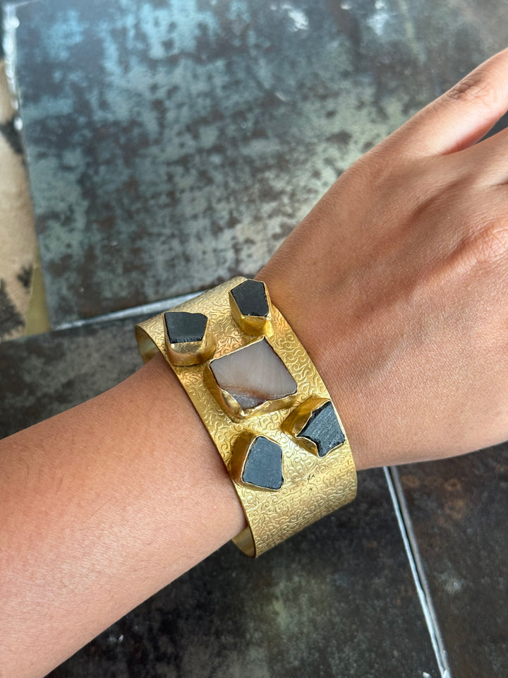 SHIVKA Designer Stone Brass Cuff | Adjustable Open Bracelet | Statement Festive Wear | 73g