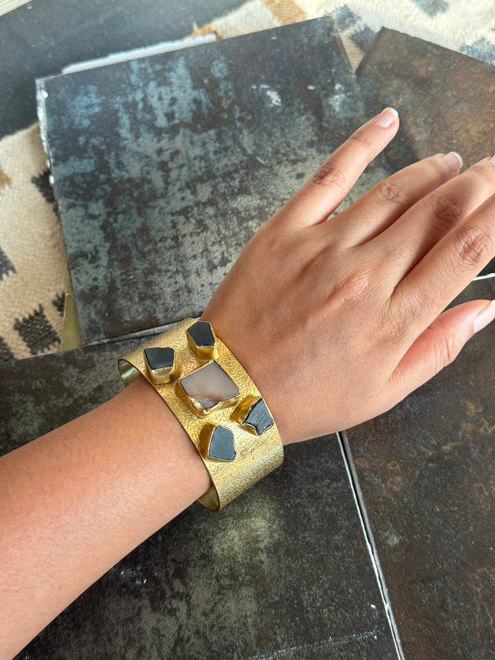 SHIVKA Designer Stone Brass Cuff | Adjustable Open Bracelet | Statement Festive Wear | 73g